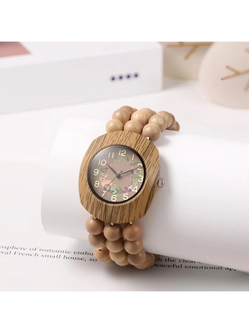 Women's Khaki Boho Wood Bead Wreath Dial Floral Quartz Elastic Band Casual Watch